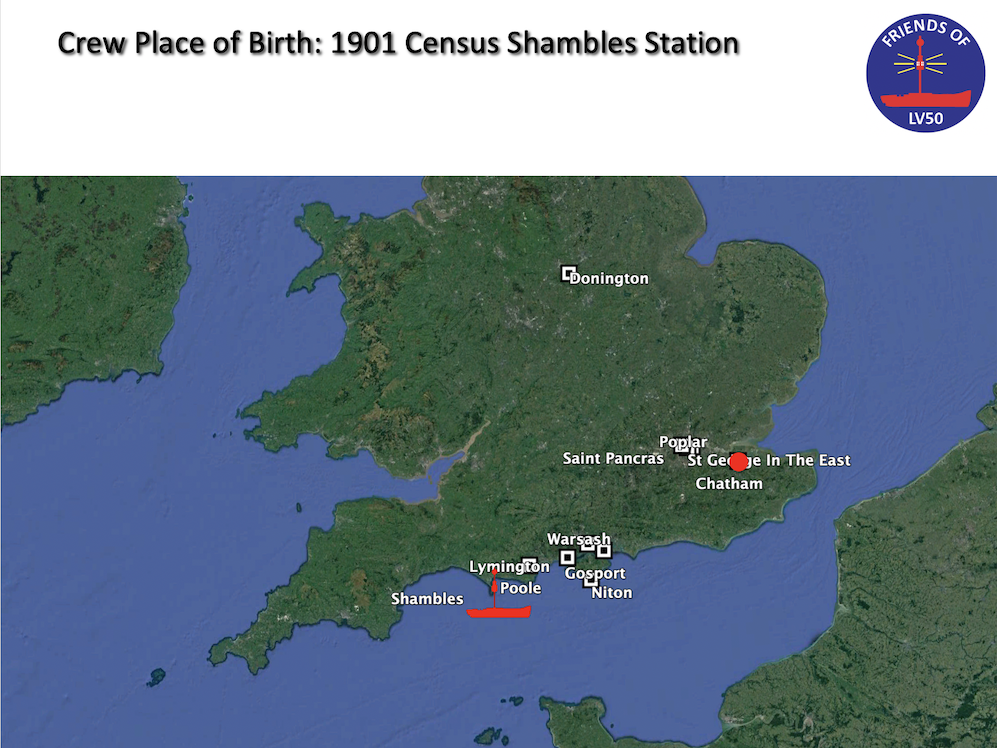Map showing the birthplace of crew in 1901 census