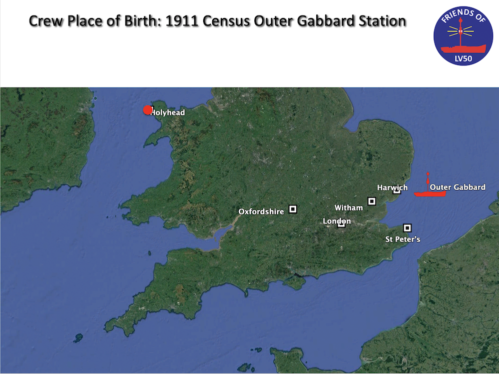 Map showing the birthplace of crew in 1911 census