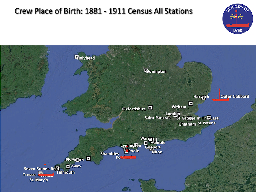 Map showing the birthplace of crew members of LV50 recorded in the census 1881-1911
